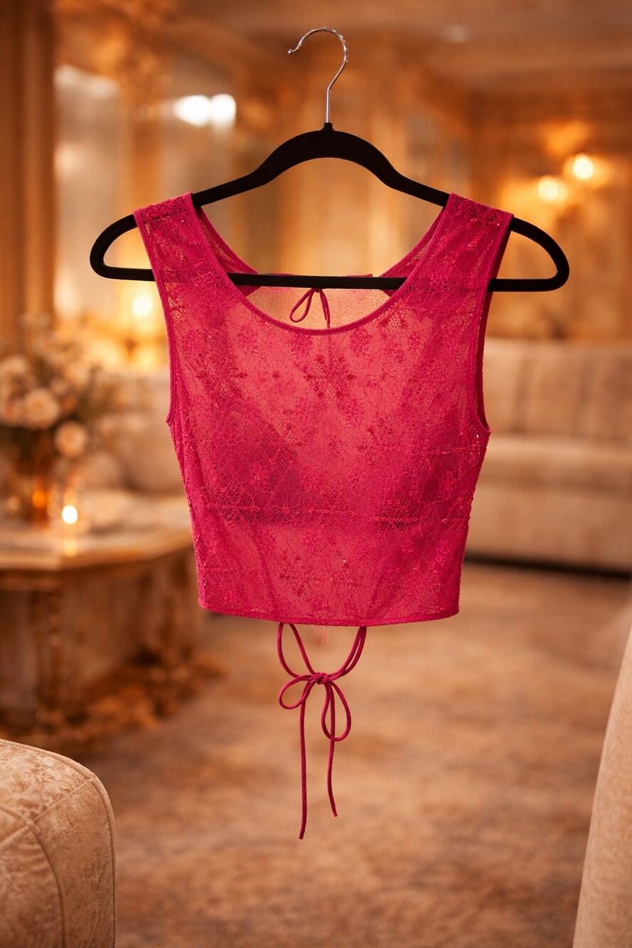 Anthropologie Raspberry Pink Sequin Lace Tie Back Top NWT Medium Sheer Coquette